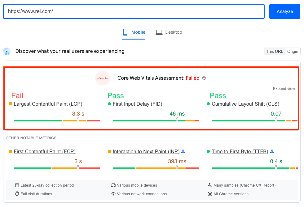 core web vitals fail